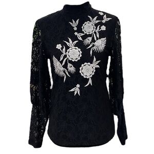 NWT Topshop Black Lace Long Sleeve Top With White Beaded Embroidery